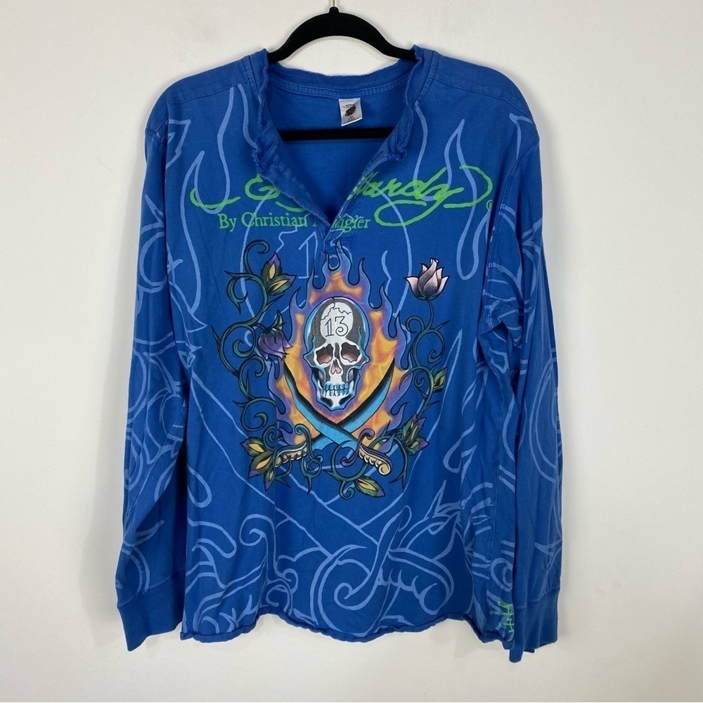 Ed Hardy Skull Allover All Over Print Graphic Long Sleeve 13 Top Grunge